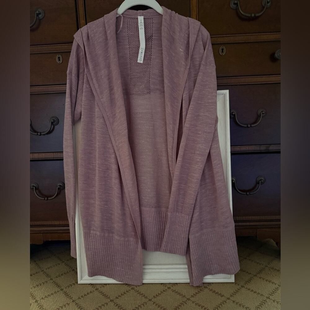lululemon dusty pink knit open weave hooded cardigan w embroidery L
